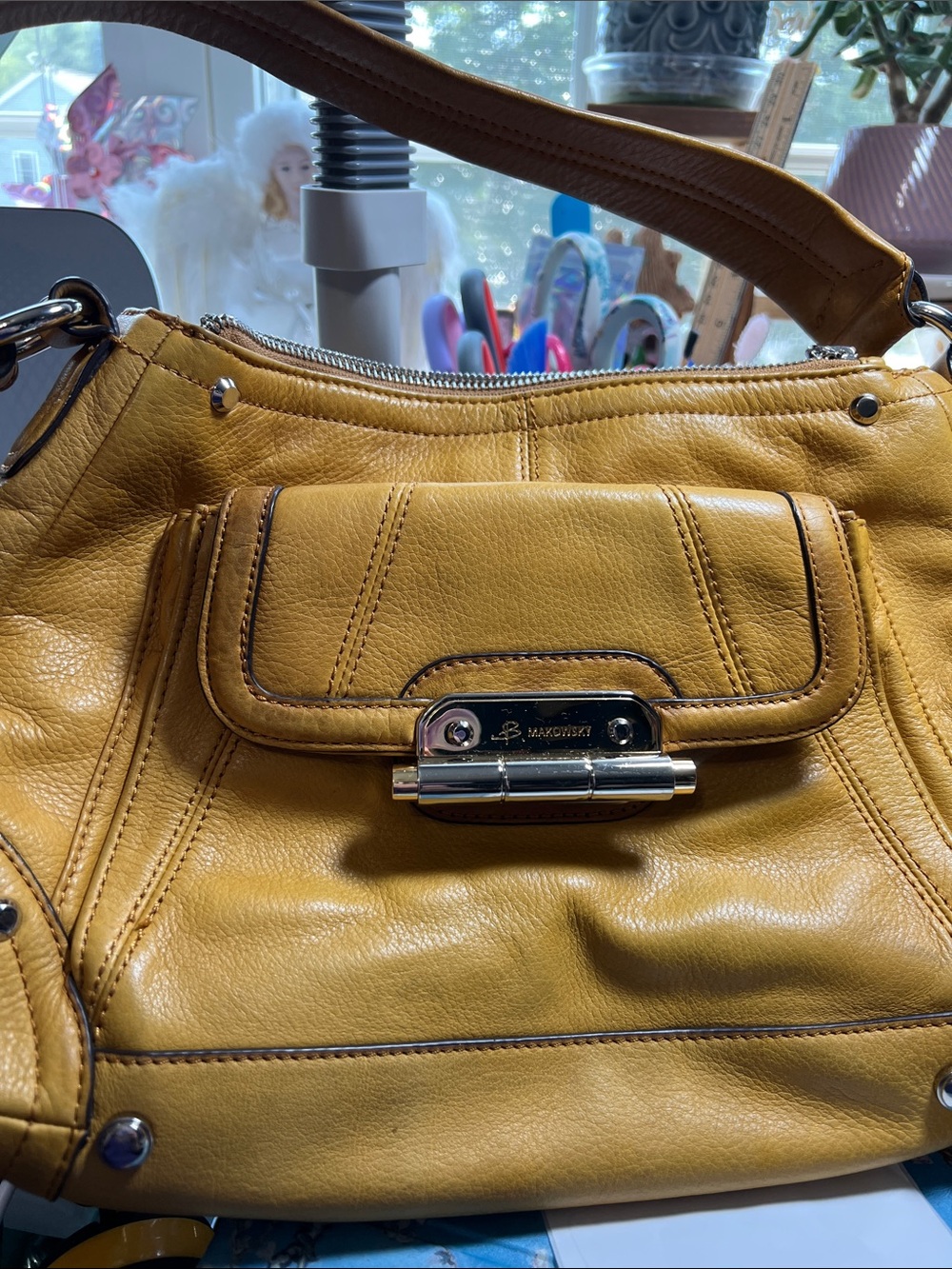 b. makowsky Mustard Leather Shoulder Bag with Front Flap and Silver Hardware